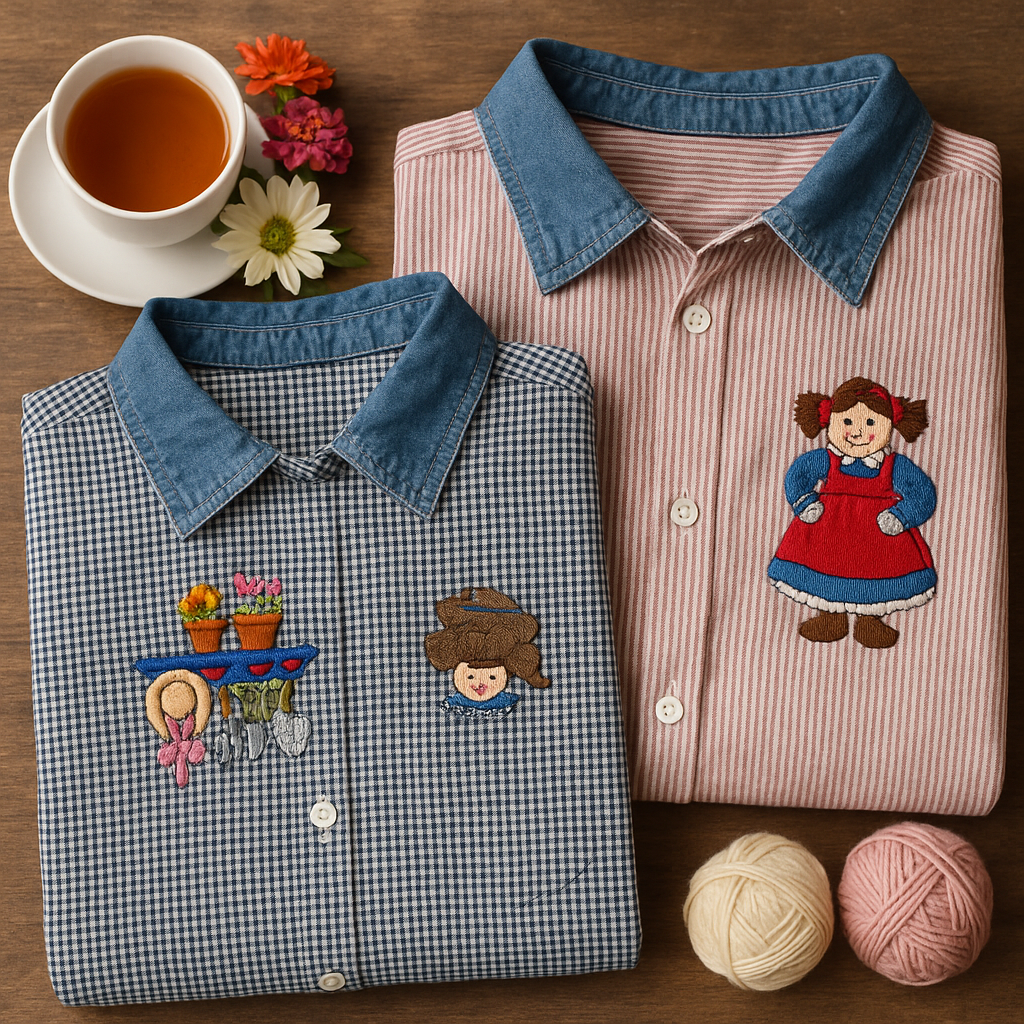 βHandmade embroidered shirts with denim collars β NLO Knitting Country Charm Collection