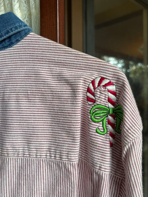 Holiday Elf Candy Cane Shirt – Red Stripe Button-Down with Denim Collar