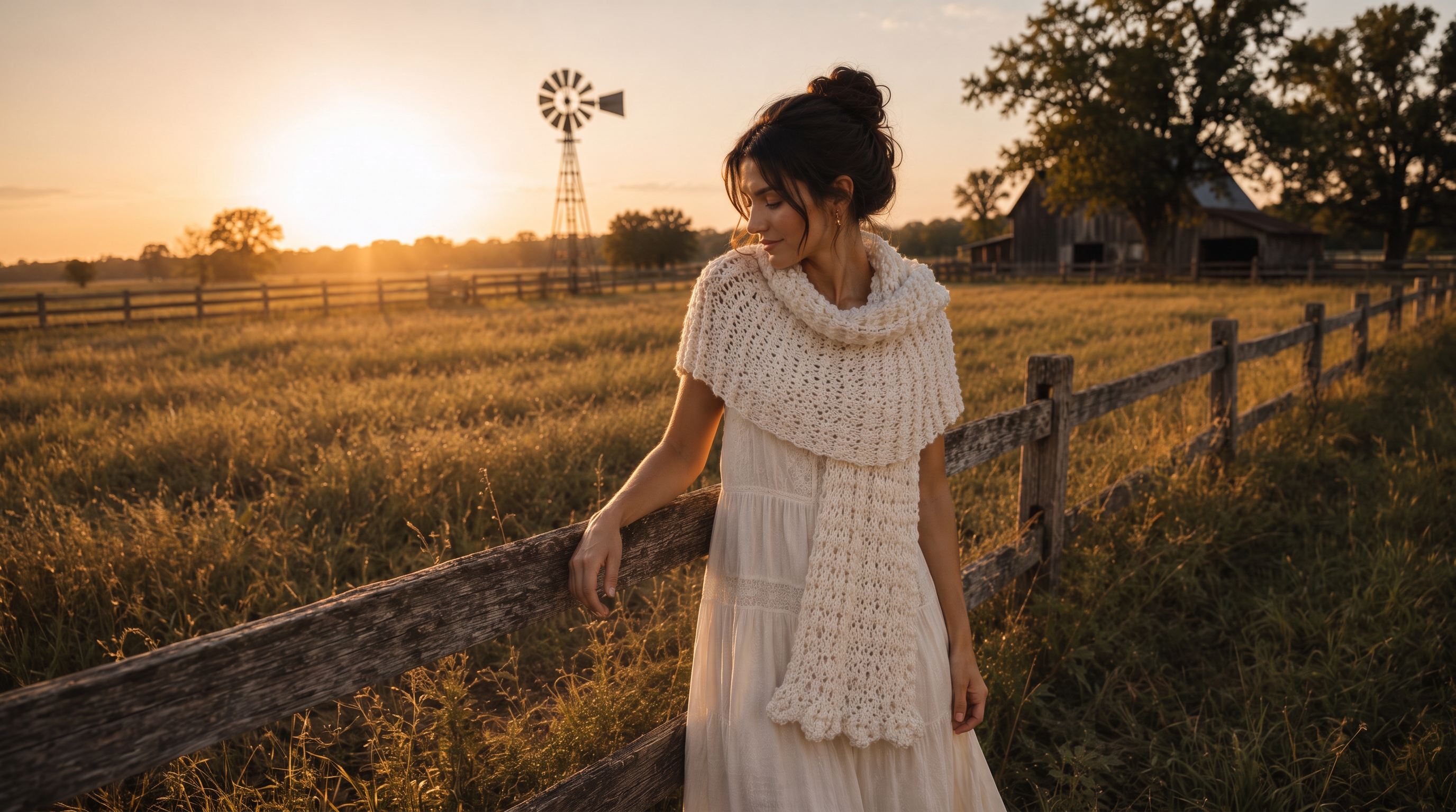 A woman wearing a cream-colored crochet shawl and matching dress stands by a wooden fence in a rural field at sunset, with a windmill and barn in the background.
